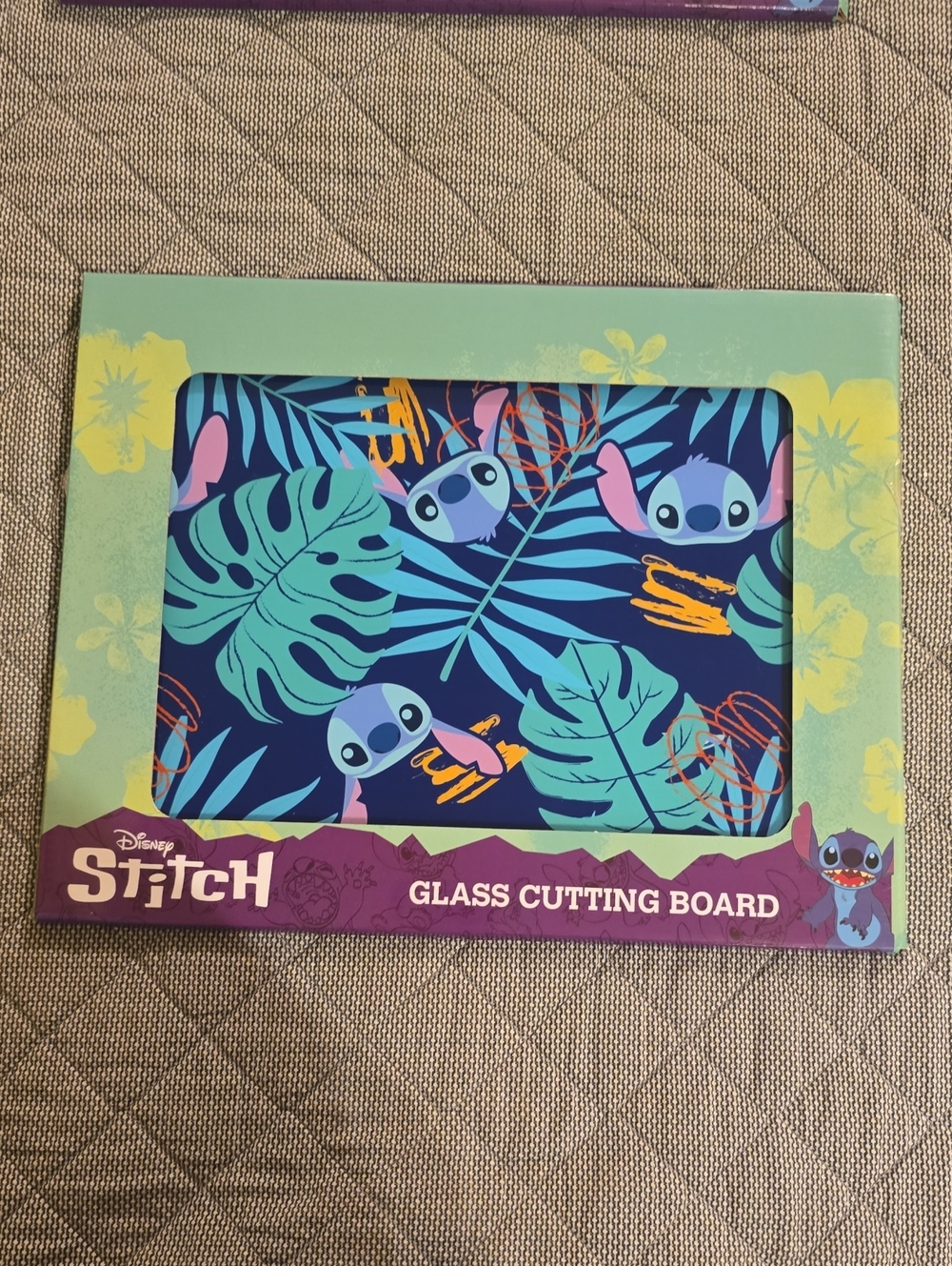 Disney Stitch Leaf Pattern Glass Cutting Board - Blue, Teal & Pink Accents